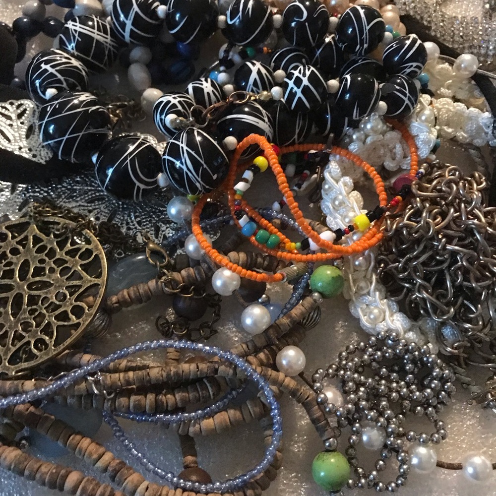 Mixed Bead and Chain Women’s Necklace - Black, Orange, Green, Pearl Accents